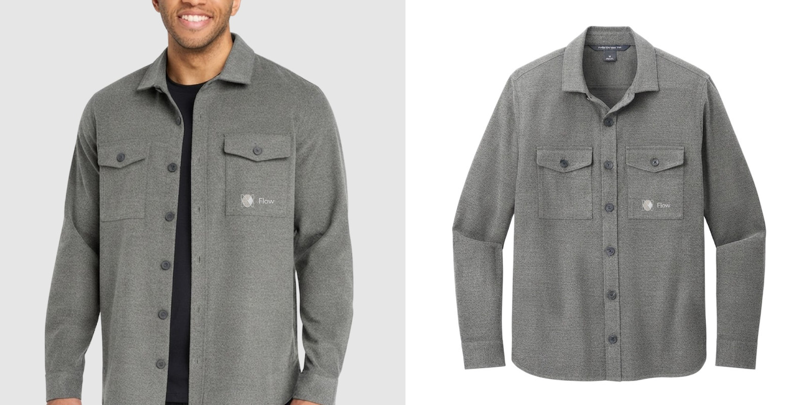 Model wearing gray long sleeve twill shirt jacket next to product.