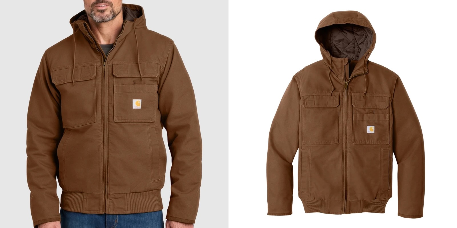 Model wearing brown Carhartt hooded jacket next to product.