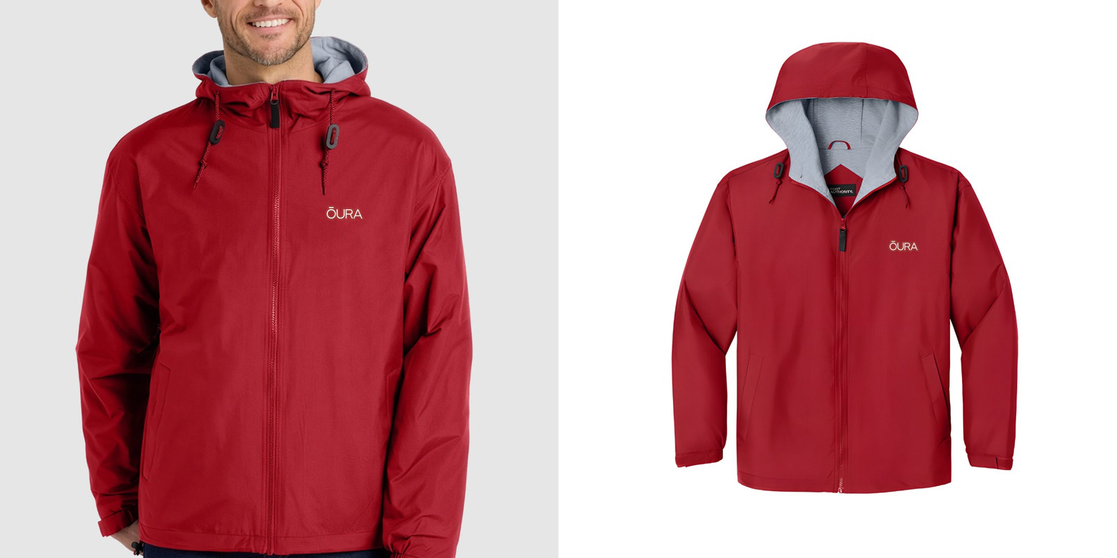 Model wearing red striated fleece hooded jacket next to product