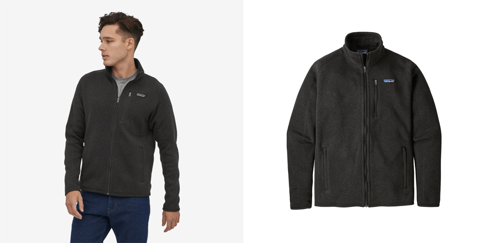Model wearing gray Patagonia Men’s Better Sweater Fleece Jacket next to product