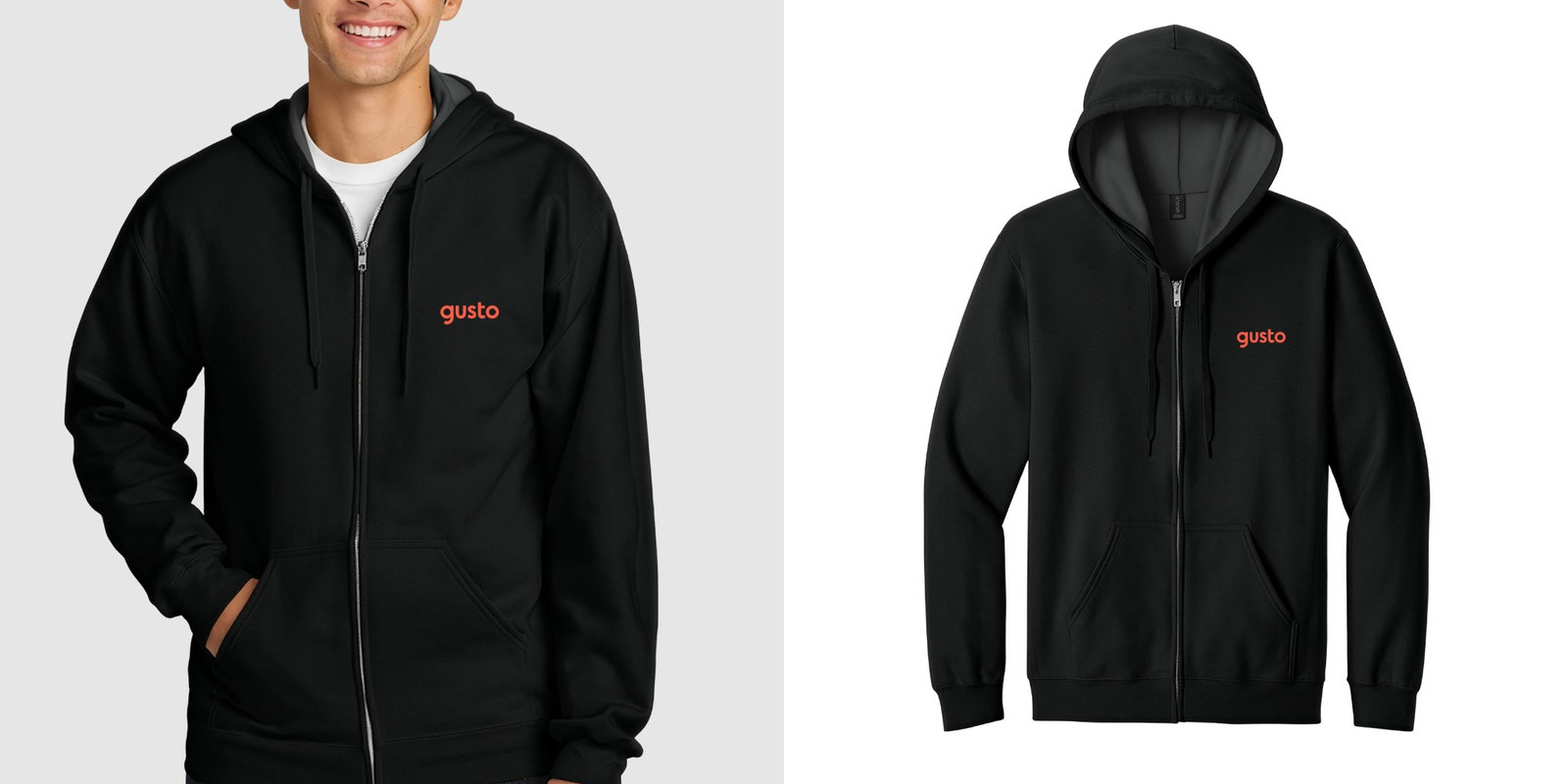 Model wearing black Gildan Softstyle Midweight Fleece Full-Zip Hooded Sweatshirt next to product.