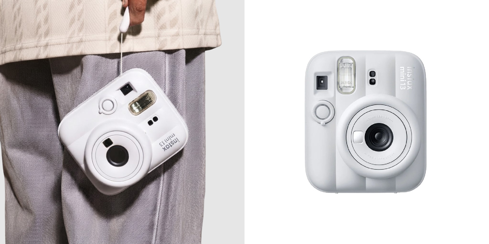 White Fujifilm Instax Mini 13 instant camera shown in a lifestyle setting and product view.