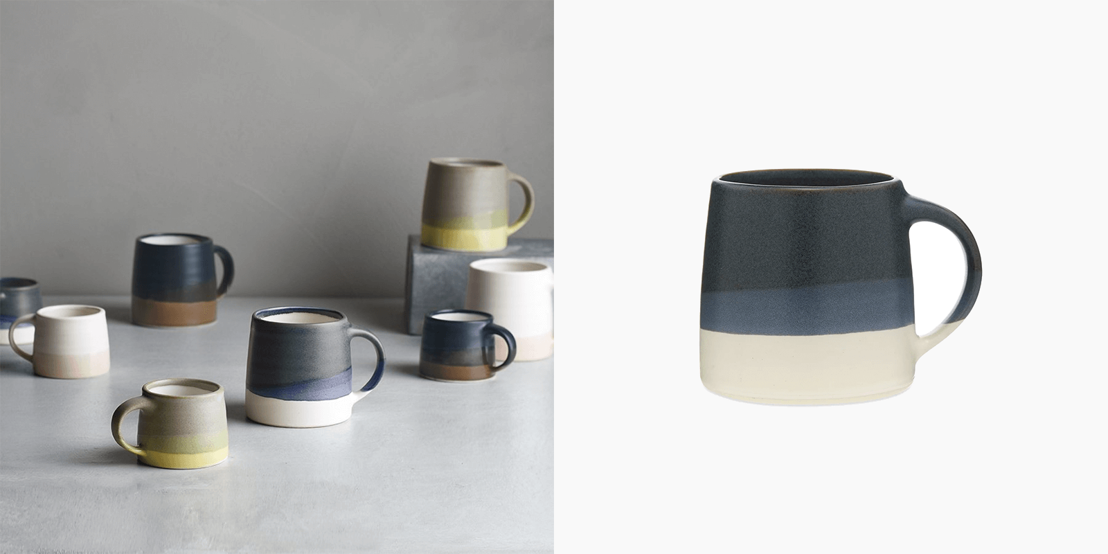 Assorted Kinto porcelain mugs in ombré colors alongside a single mug product view.