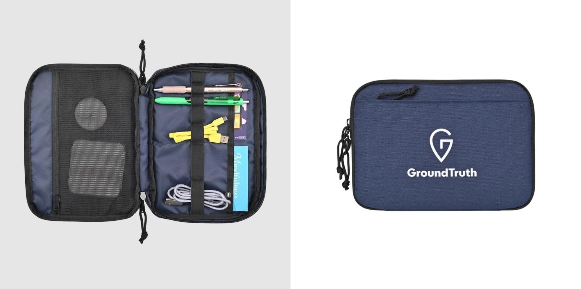 Open recycled rPET tech organizer holding cables, pens, and small accessories alongside closed product view.