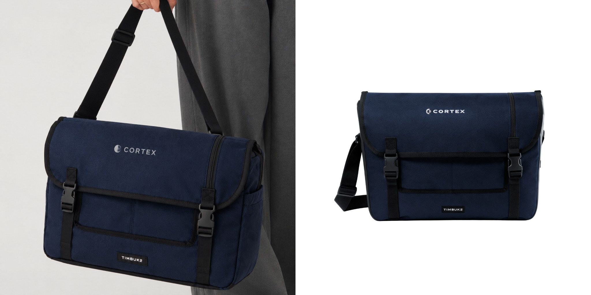 Person carrying a navy Timbuk2 City Compass messenger bag alongside product view.