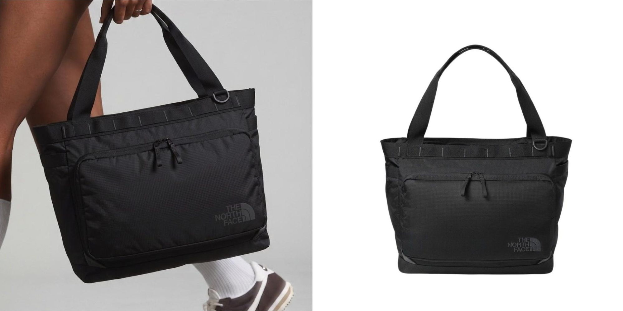 Person carrying a black The North Face 25L travel tote alongside product view.