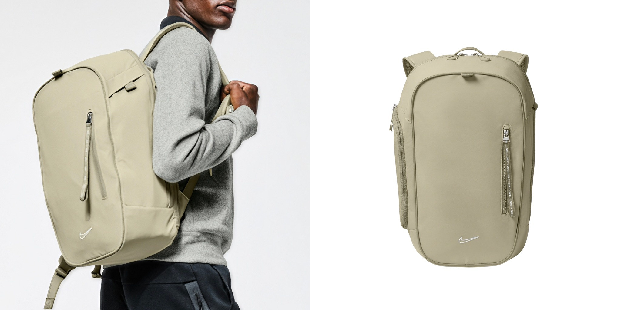 Model wearing Nike Commute Backpack in desert khaki next to product shot 