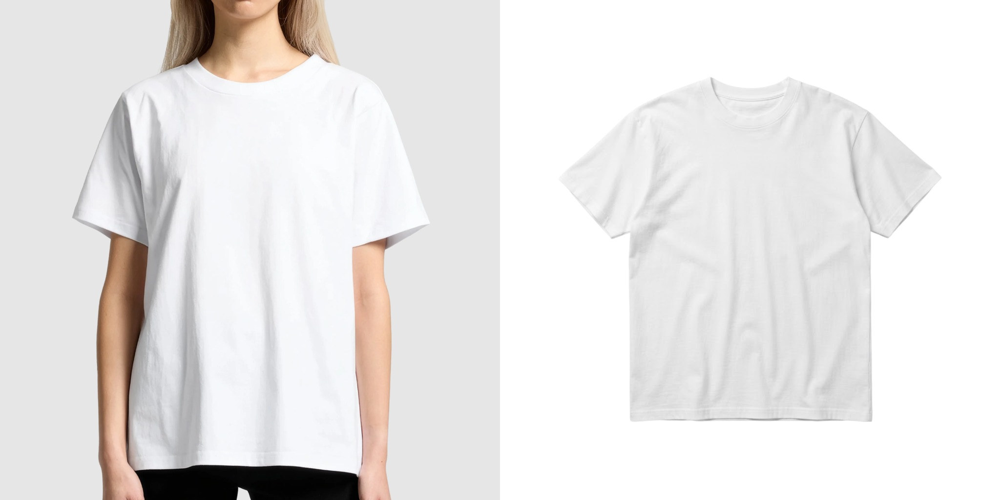 Model wearing AS Colour Wo’s Classic Minus Tee in white next to product shot 