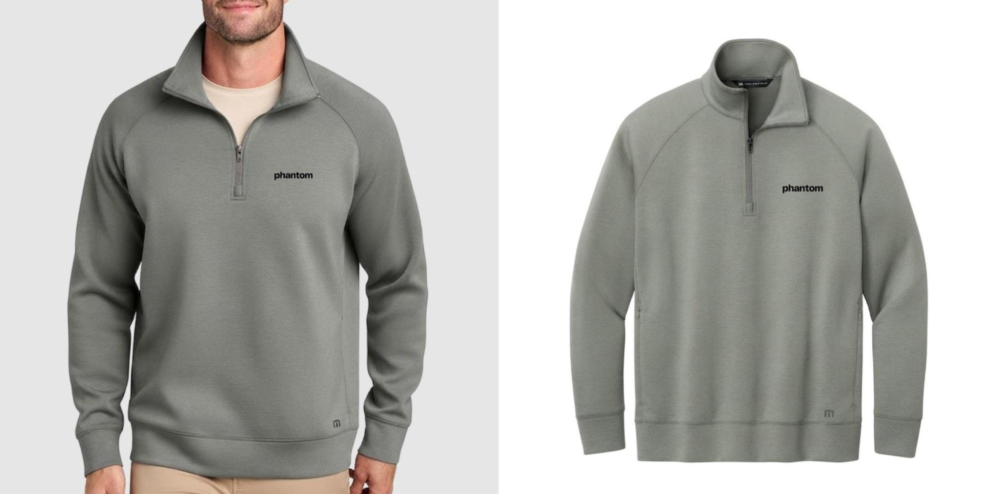 Model earing TravisMathew Momentum Shift quarter-zip pullover in gray next to product shot  