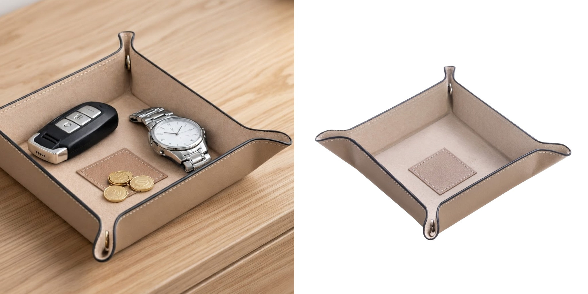 Taupe Leather Snap Valet Tray with watch, coins, and key fob next to product shot 