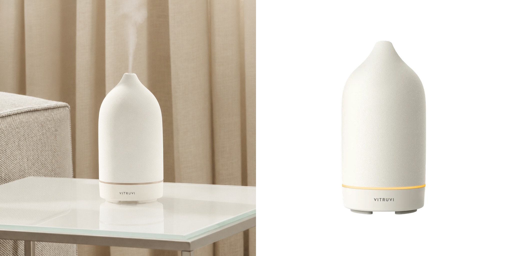 Close up of Vitruvi Stone Diffuser in room setting next to product shot 