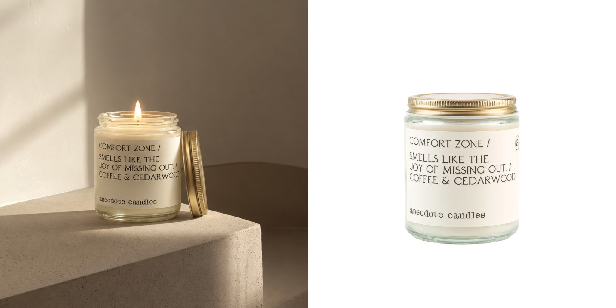 Comfort Zone Anecdote Candle lit on table and next to product shot on white. 