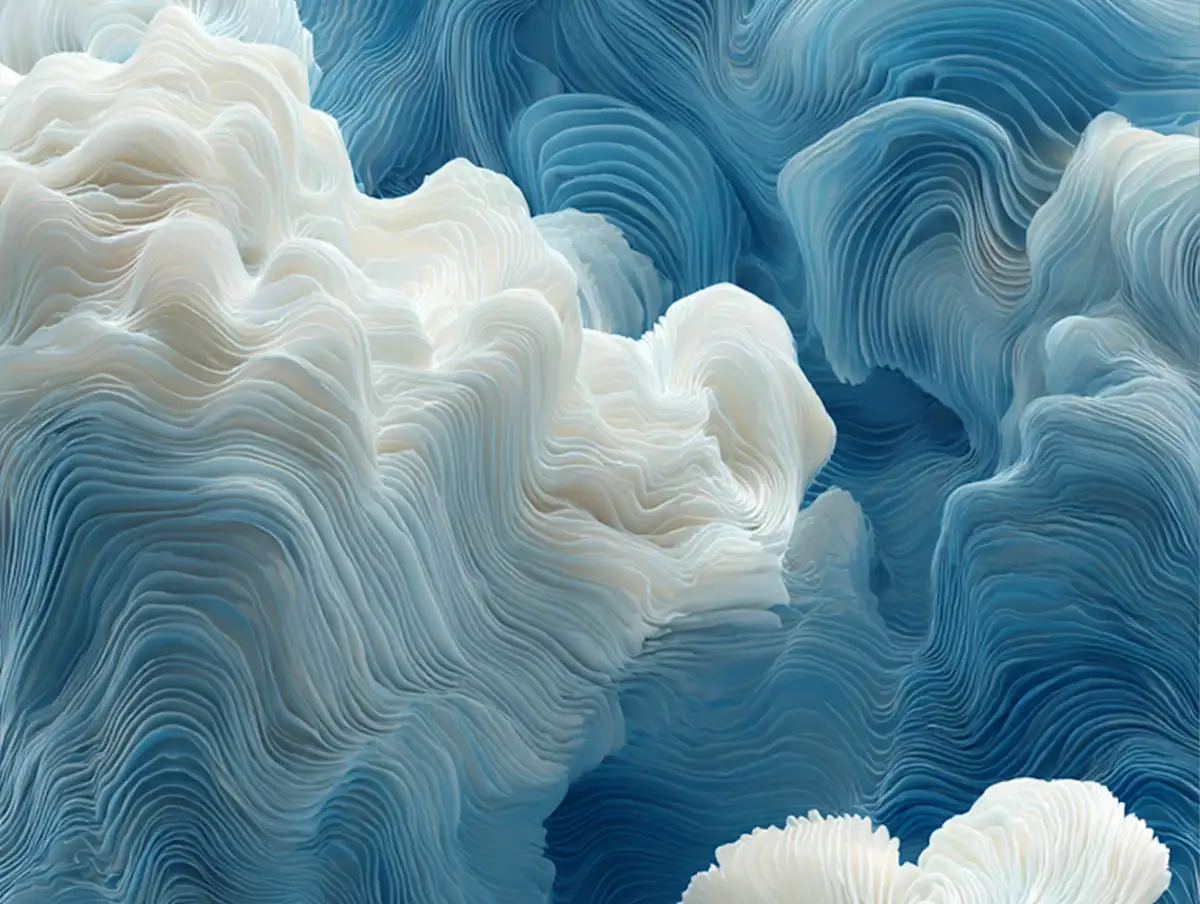 Abstract flowing waves in layered textures with shades of blue and white resembling coral or fabric folds.