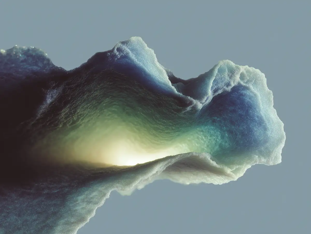 Abstract textured wave glowing from within against a plain gray background.