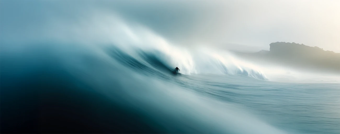 Surfer riding a large wave with mist and a rocky coastline in the background.
