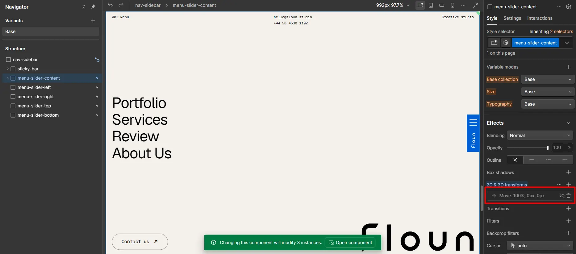 Web design editor showing menu slider content with navigation links and style settings panels.