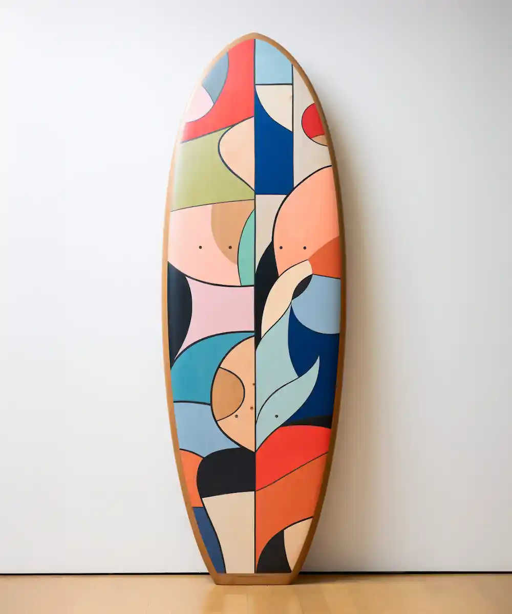 Colorful surfboard with abstract geometric and organic shapes in blue, red, orange, and green.