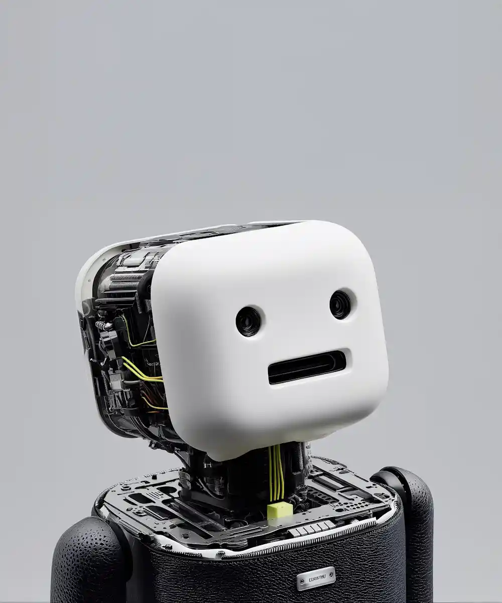 Robot with a square white face and neutral expression, showing internal wiring and components.