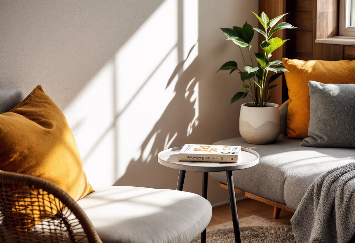 image of a cozy reading nook with a bestselling book on a side table