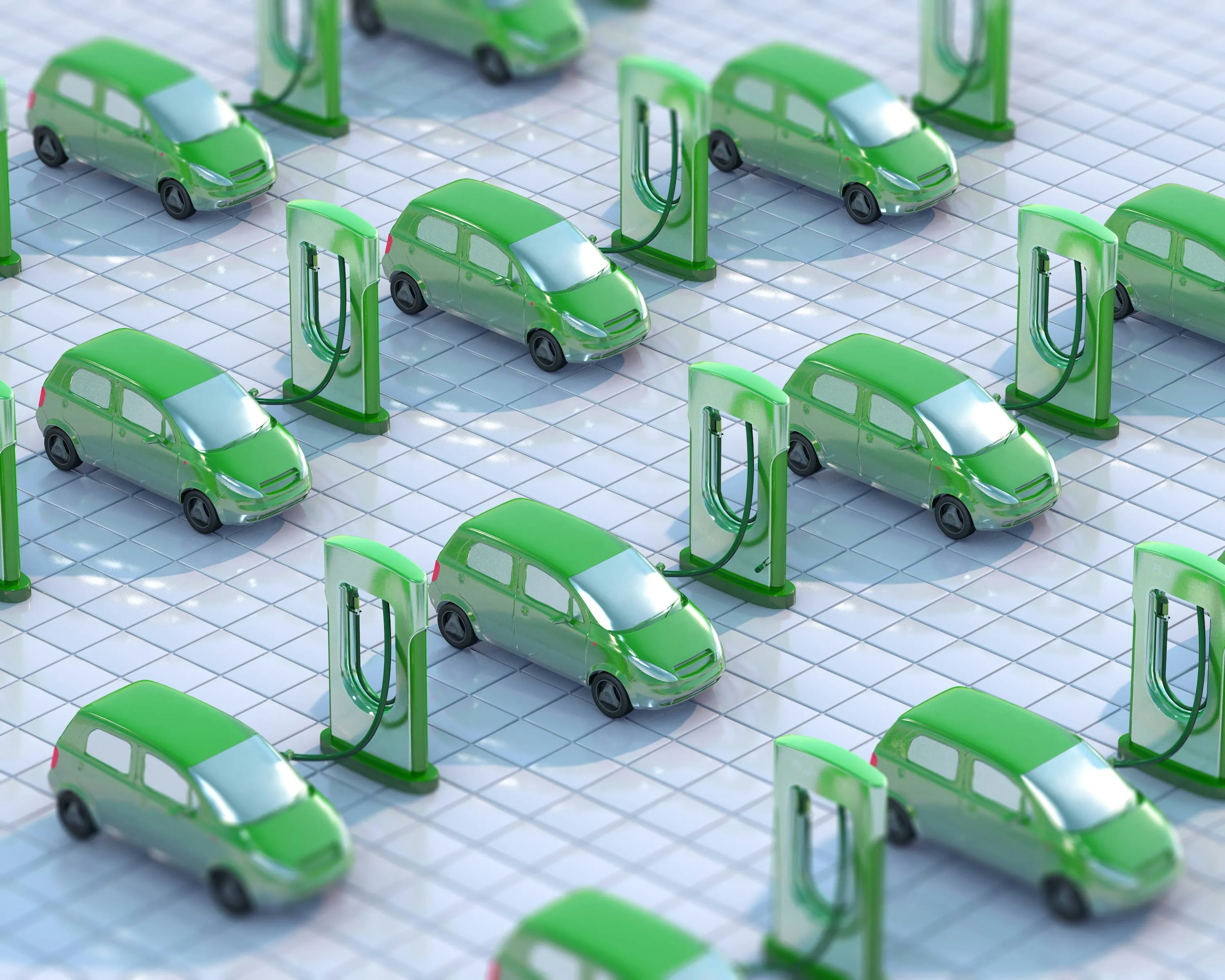 Illustration of electric cars plugged into a row of green chargers.