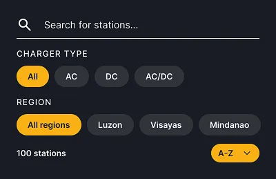 Evro station search with charger type and region filters.