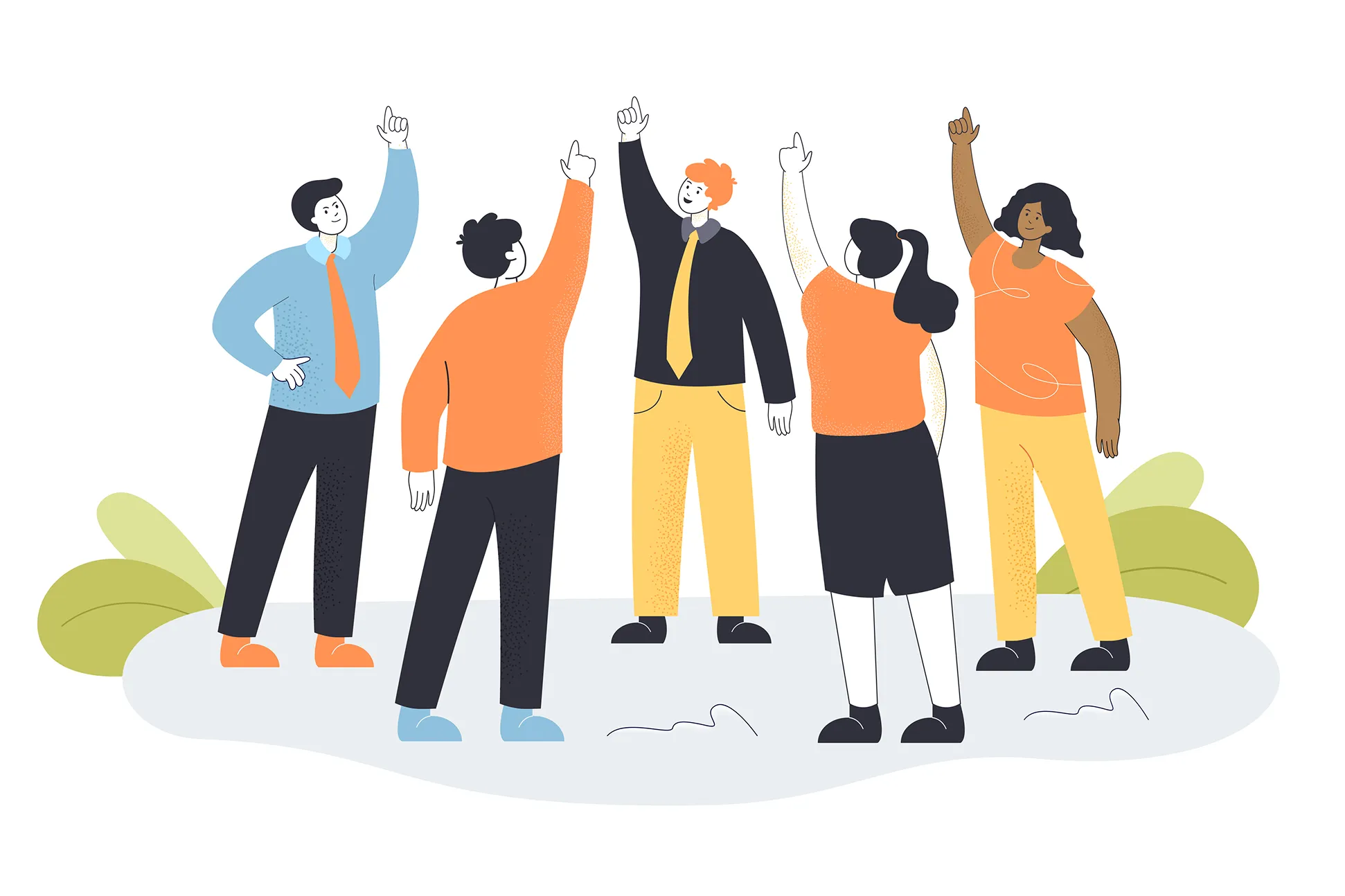 Illustration of five people raising a hand together.