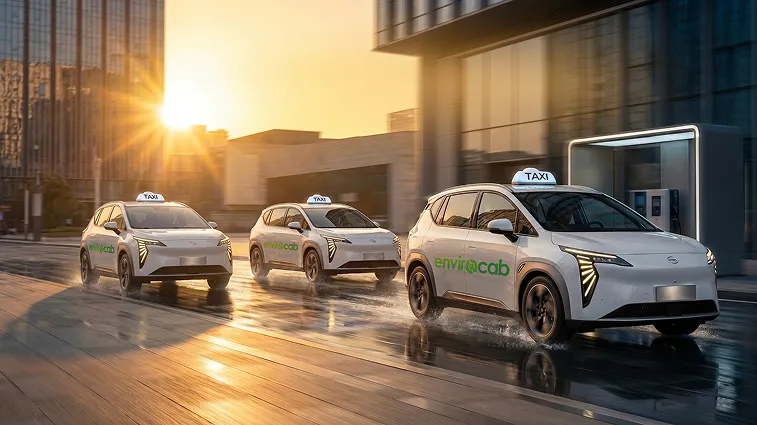 EnviroCab electric taxis driving past a city building at sunset.