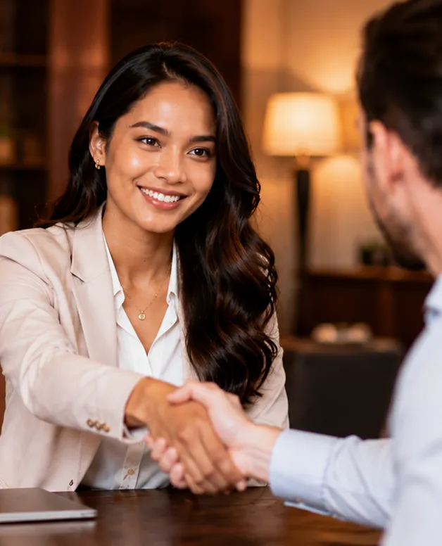Two people shaking hands across a meeting table.