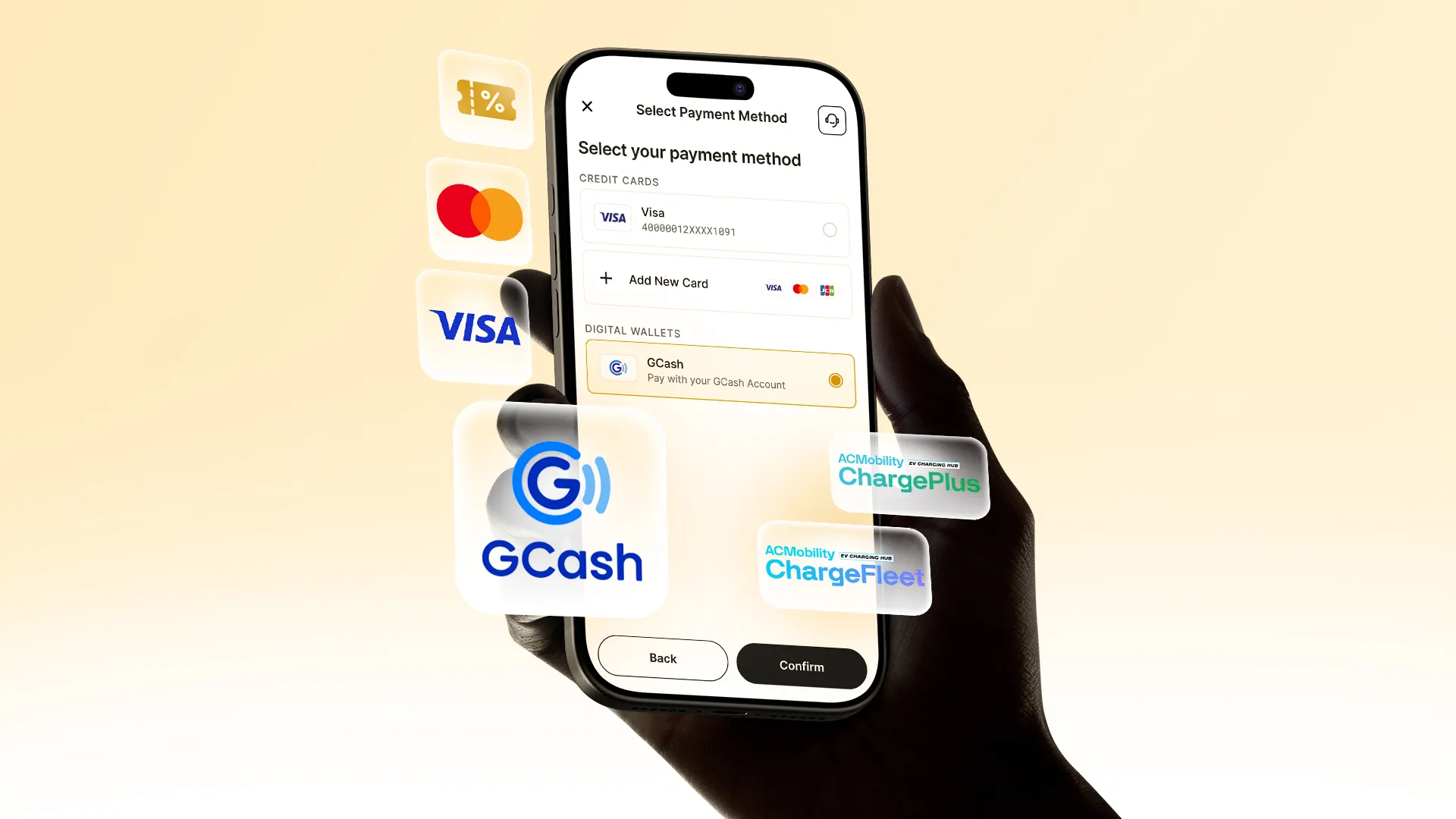 Hand holding a phone showing Evro payment methods, including Visa, GCash, and ChargePlus.