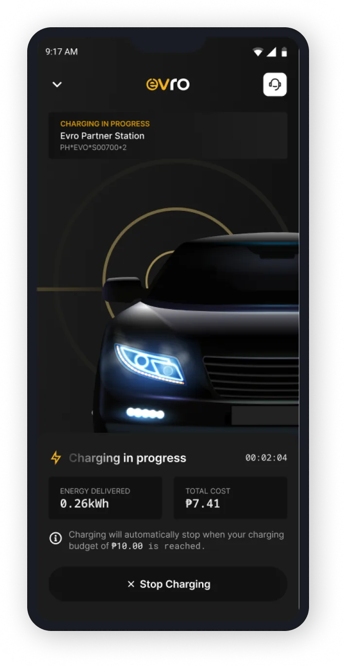 Evro app showing a charging session in progress.