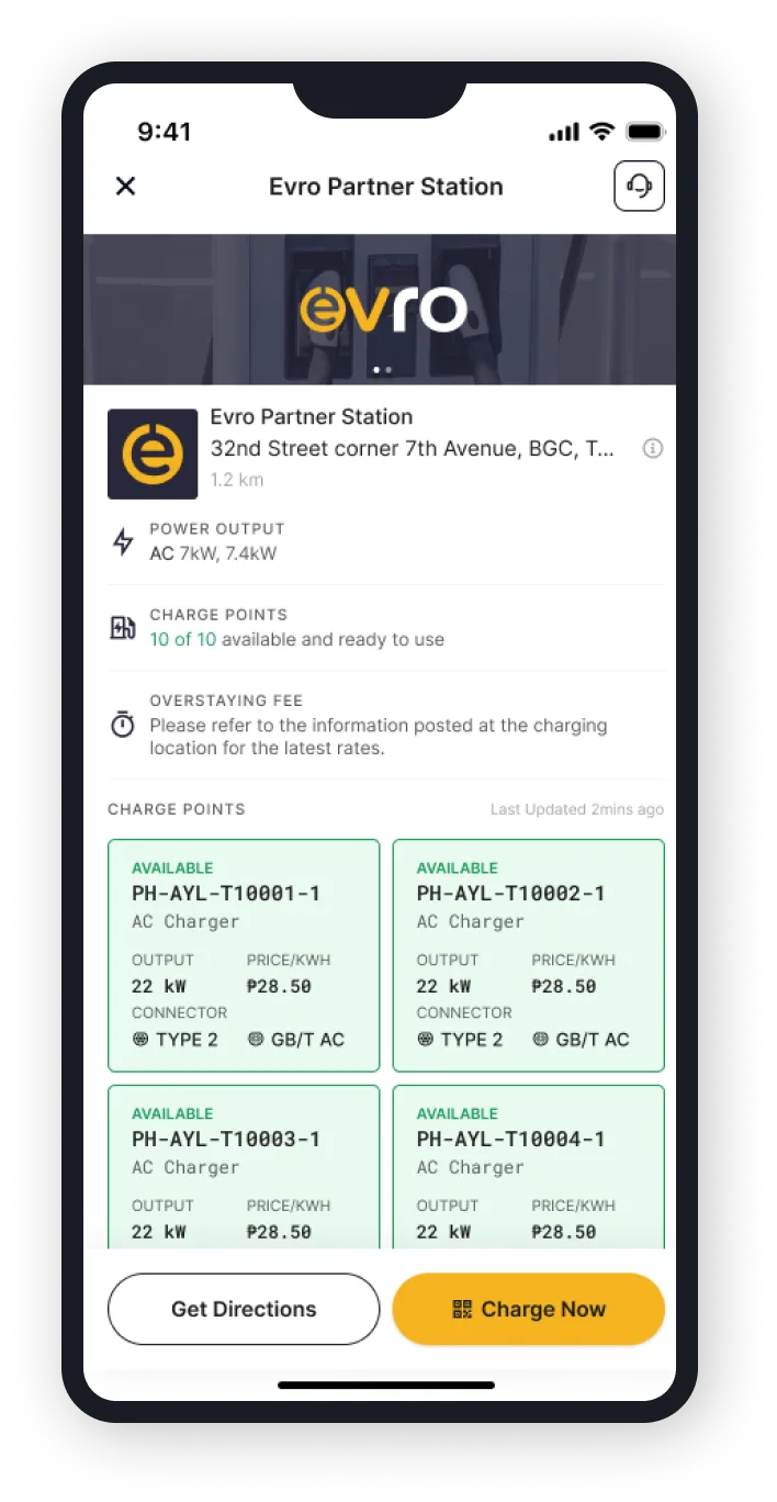Evro app listing available charge points at a partner station.