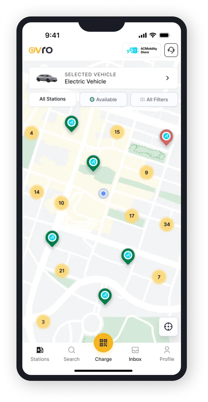 Evro app map of nearby charging stations.