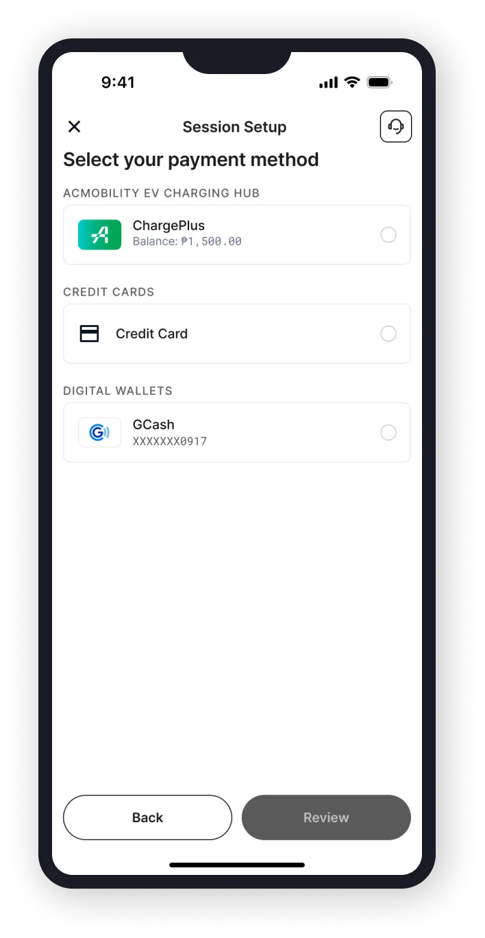 Evro app payment screen with ChargePlus, card, and GCash.