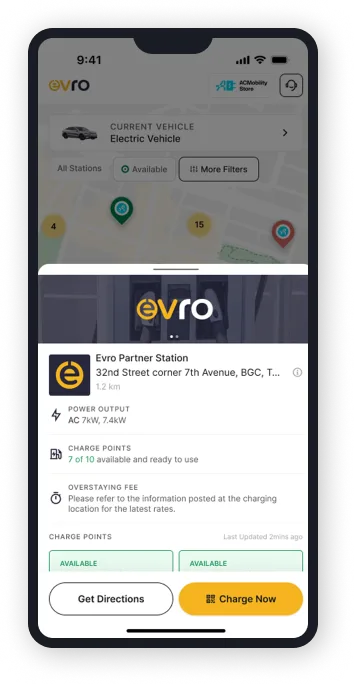Evro app showing a partner station ready to charge.