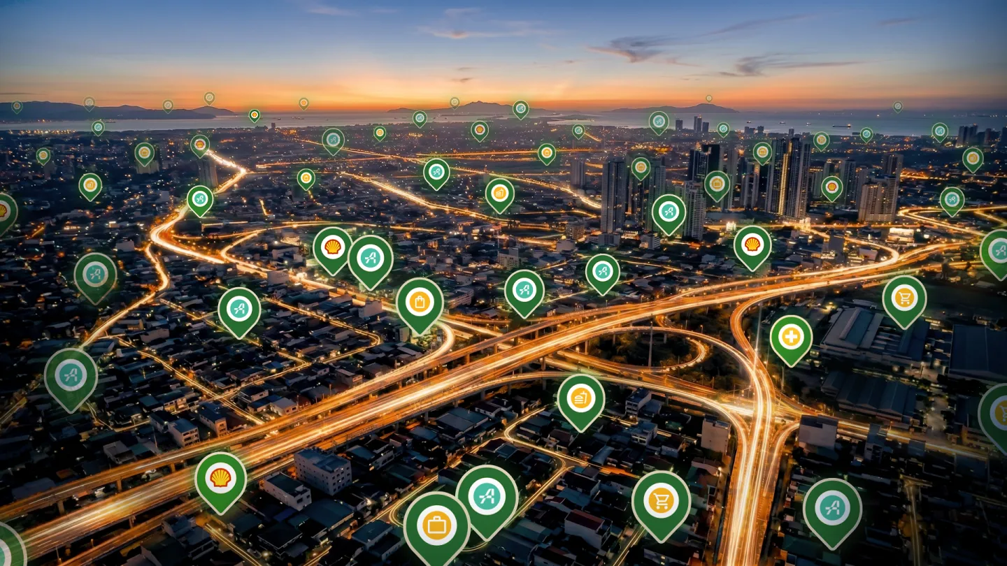 Aerial view of Metro Manila at dusk with Evro charging locations pinned across the city.