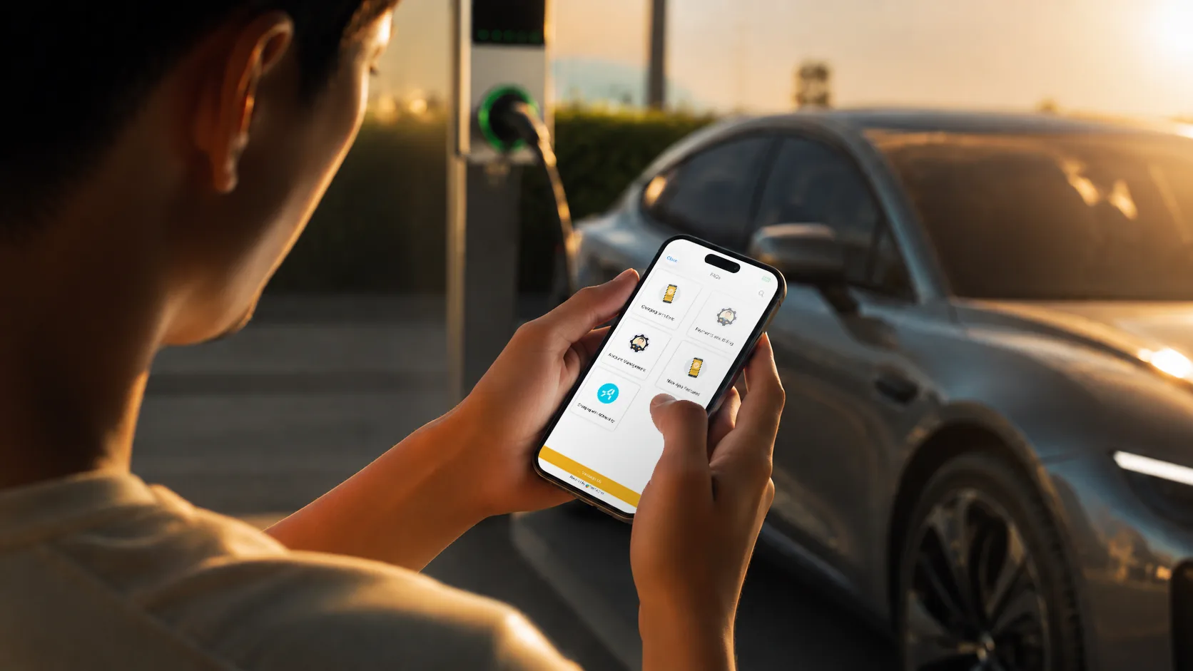 Driver browsing Evro app help topics beside an EV charger