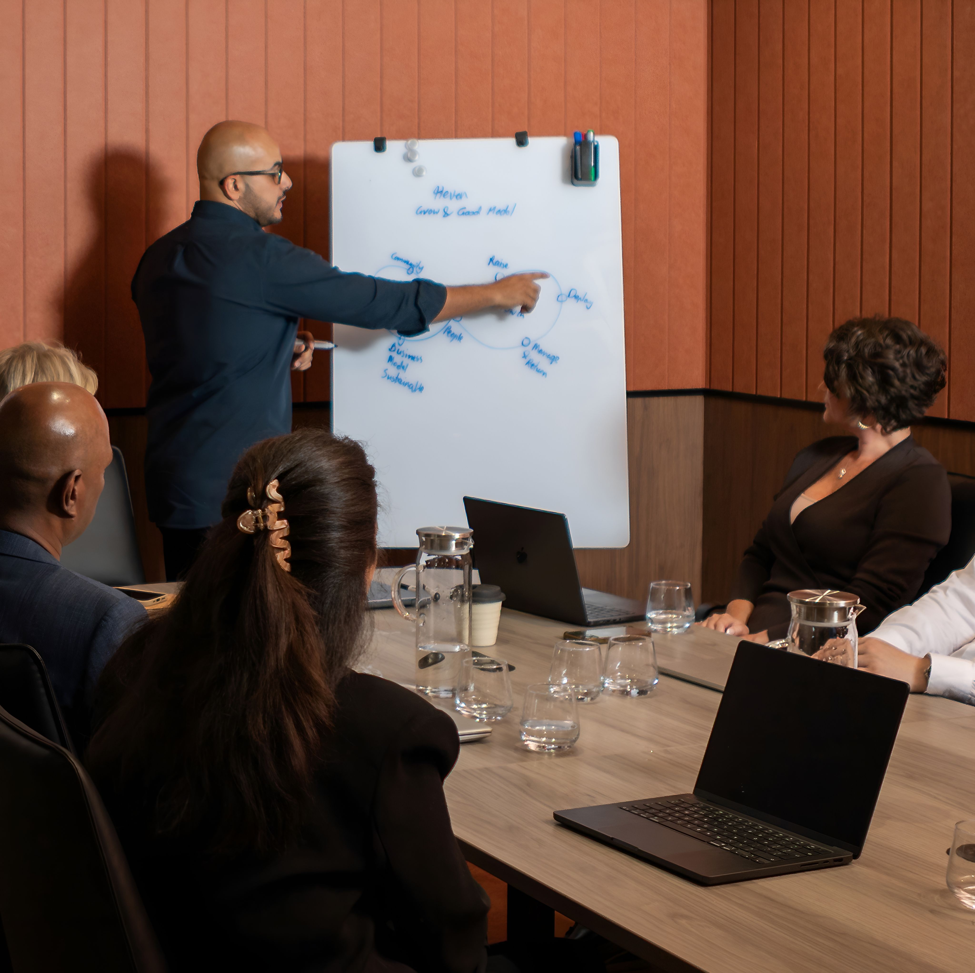 Mena shares his solution on the white board 