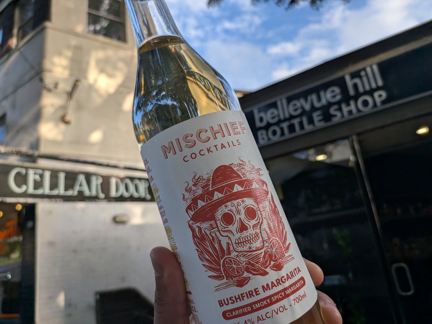 Mischief Bushfire Margarita held up outside Bellevue Hill Bottle Shop