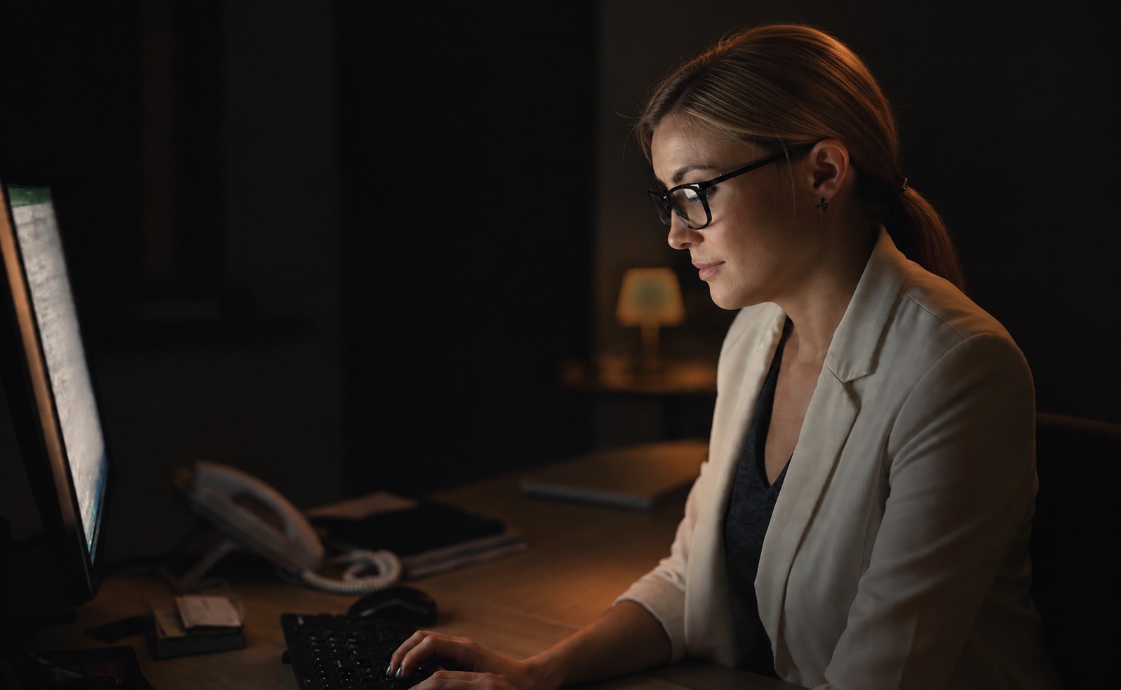 A lending operations lead working at her screen in the evening