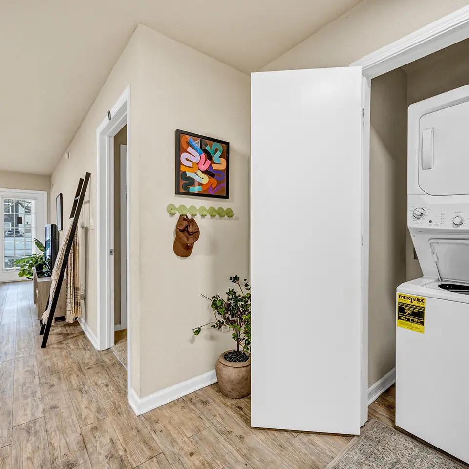 Hallway in home with light wood flooring, artwork on wall, green hooks with a brown hat, potted plant, and an open closet door revealing a stacked washer and dryer.