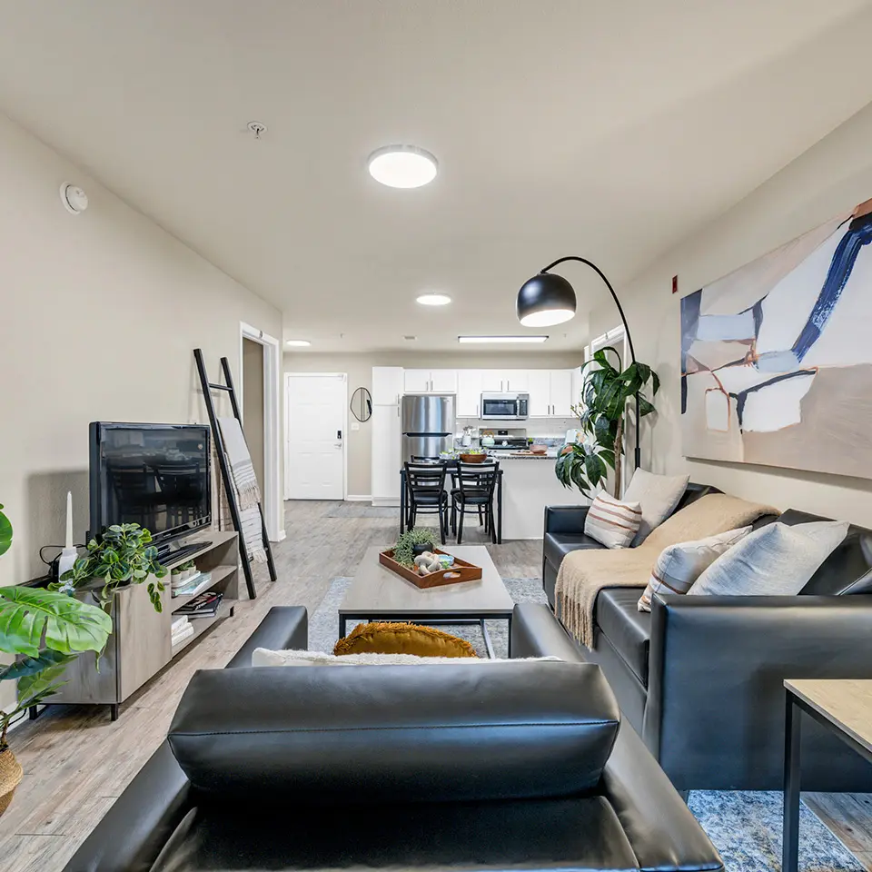 Modern living room with black leather sofas, coffee table, indoor plants, TV on a stand, and an open kitchen.