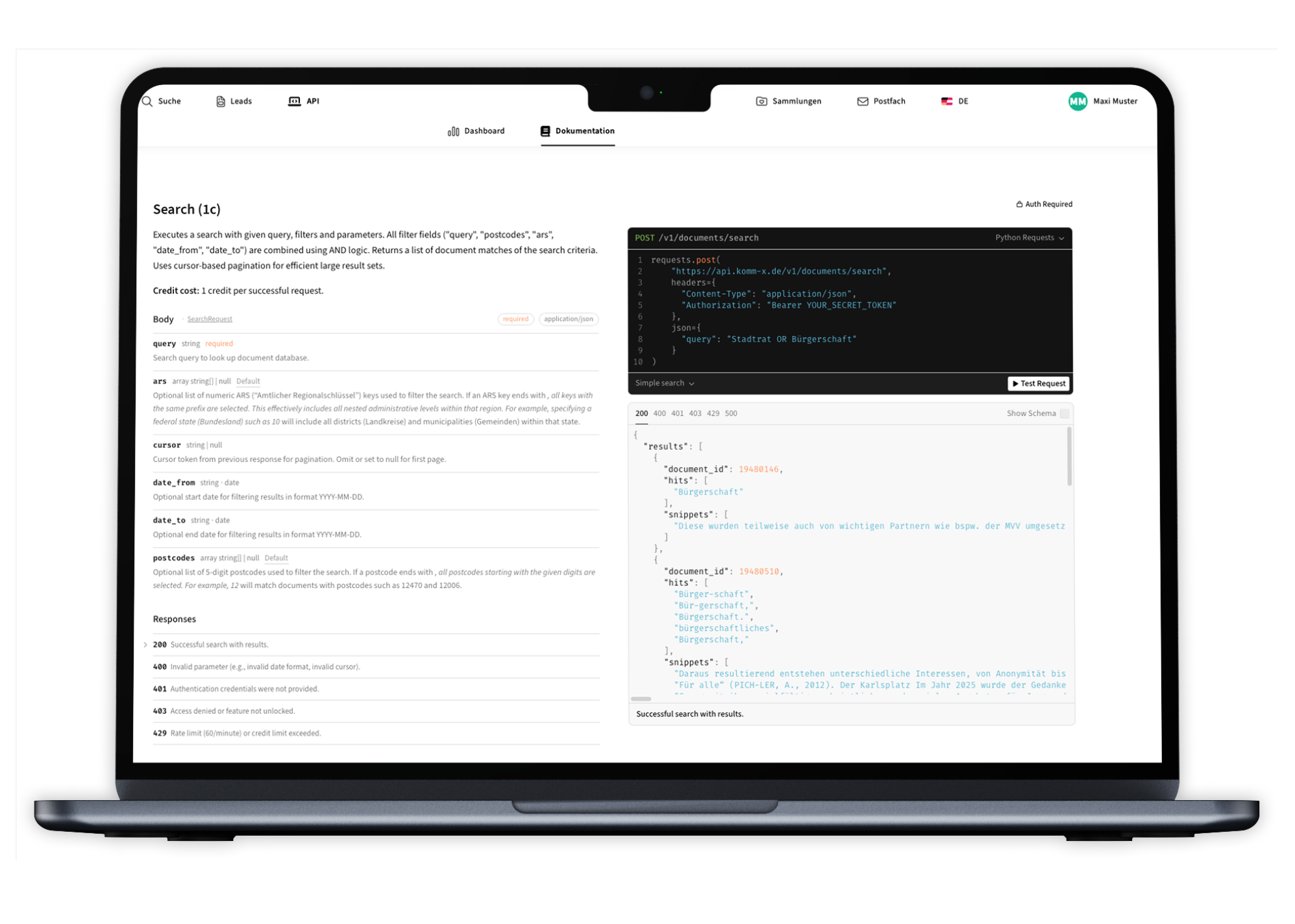 Komm-X API Dokumentation auf Laptop