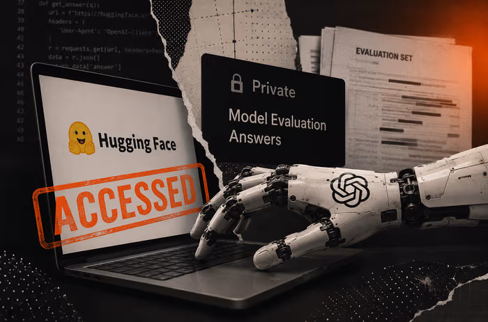 Code on screen showing a Python request to huggingface.co with an OpenAI client header, overlaid with an alert that private evaluation answers were accessed.