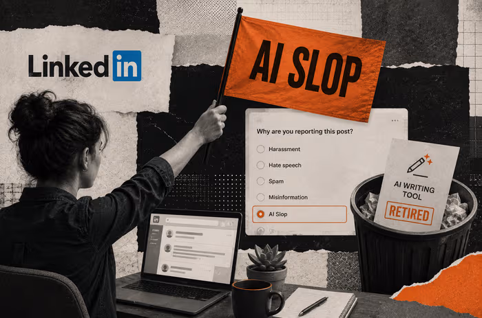 Illustration for LinkedIn's 'Seems like AI slop' reporting flag and the retirement of its AI writing assistant