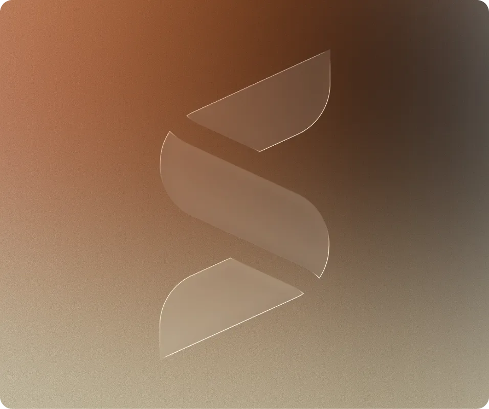 Three-dimensional translucent abstract shapes on a smooth gradient background of brown to gray.