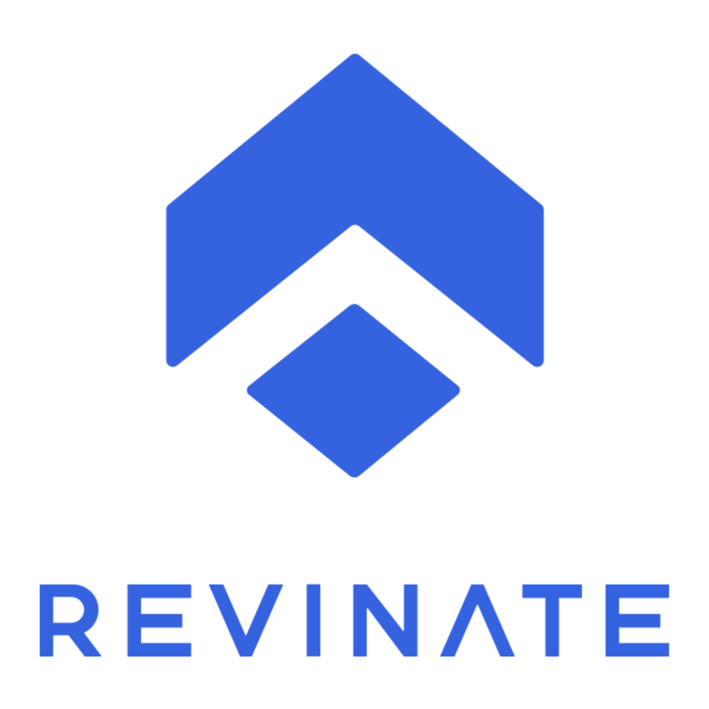 Blue geometric logo with bold text Revinate beneath it on a white background.