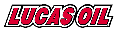Lucas Oil brand logo with red text outlined in black and white.