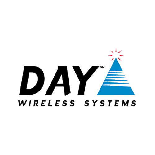 Day Wireless Systems logo with black text and a blue triangular signal icon emitting red waves.