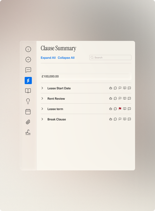 Digital interface showing a Clause Summary with sections for Lease Start Date, Rent Review, Lease term, and Break Clause.