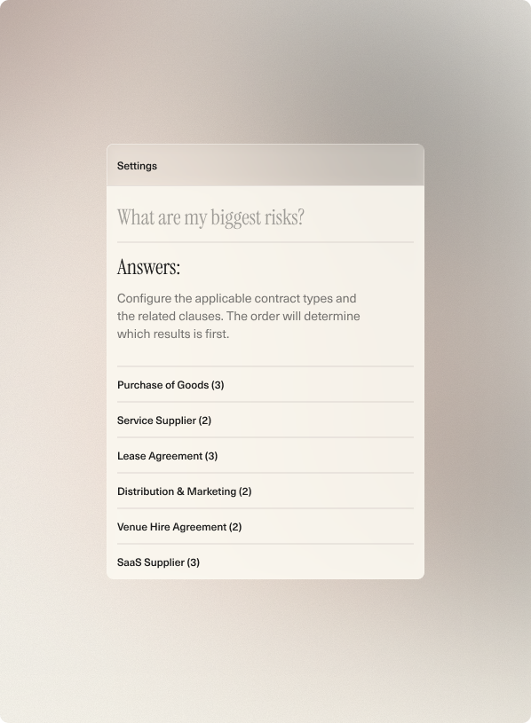 Settings panel listing contract types and clauses to configure risk order, including Purchase of Goods and SaaS Supplier.
